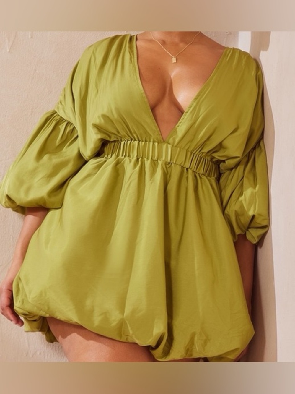 PrettyLittleThing Olive Green Deep V Puff-Sleeve Tunic